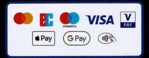 Payment logos: Mastercard, EC card, Maestro, Visa, V PAY; Apple Pay, Google Pay; contactless payment symbol.